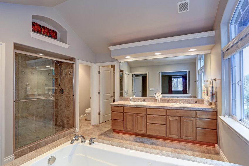 Stunning master bathroom with double vanity cabinet