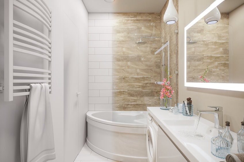 3d illustration of an interior design of a white minimalist bathroom